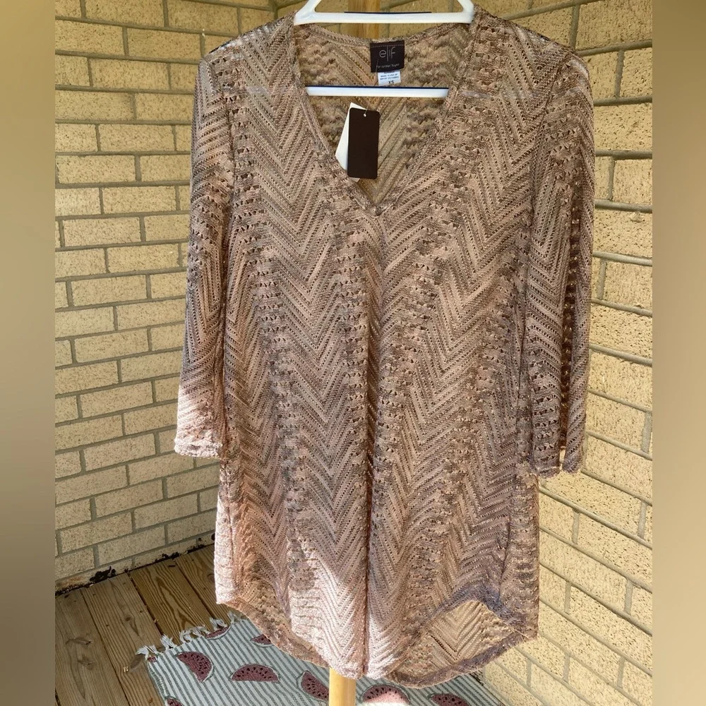 Elif Open Knit V Neck Shiny Metallic Pink Grey Swim Cover Up Tunic Bell Sleeves